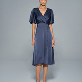 Navy V Neck Satin Midi Dress