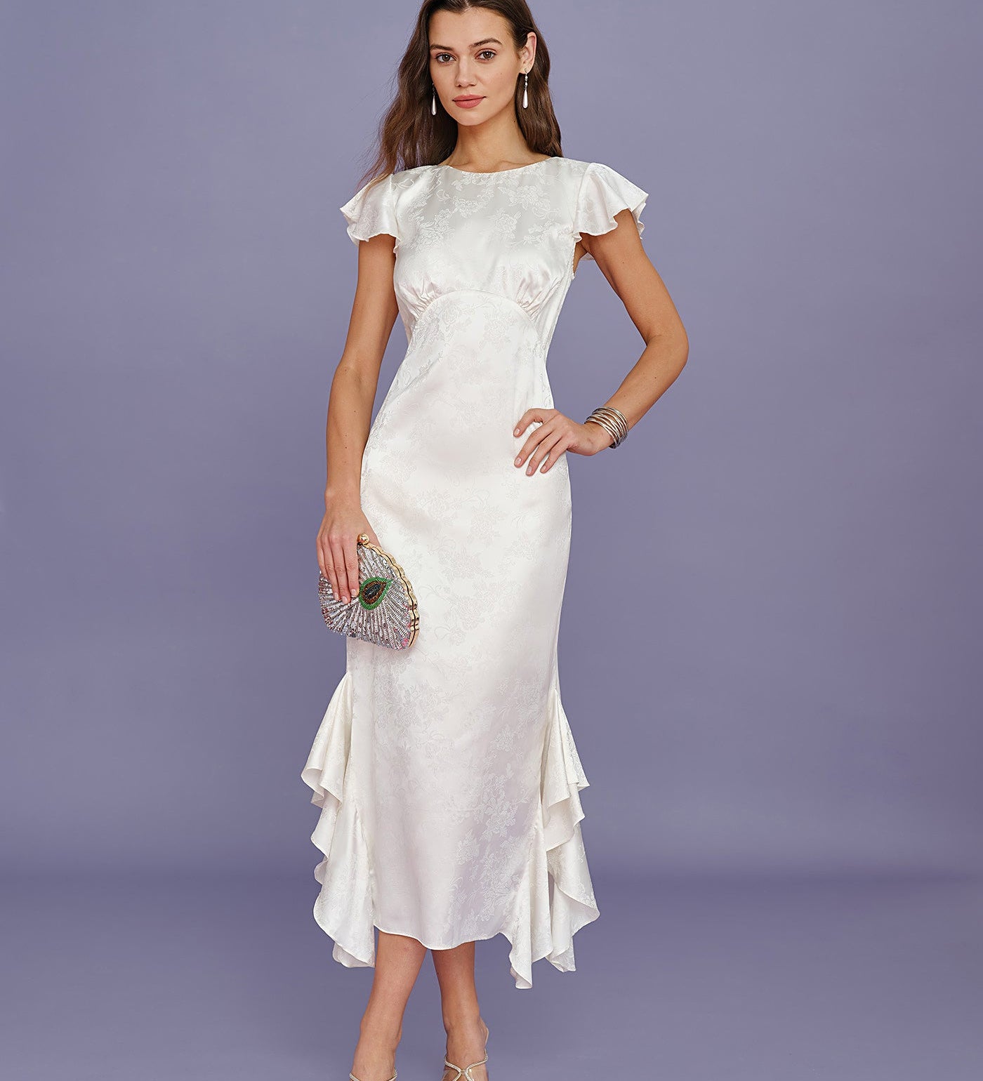 Beige Boat Neck Jacquard Ruffle Midi Dress