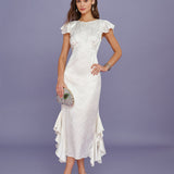 Beige Boat Neck Jacquard Ruffle Midi Dress