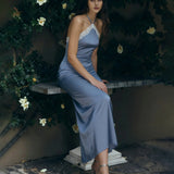 Blue Halter Lace Slip Midi Dress