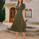 Green Lace Satin Midi Dress