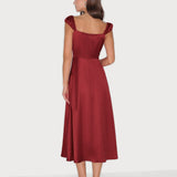 Red Sweetheart Neck Satin Midi Dress