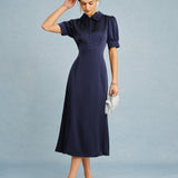 Navy Collar Puffed Sleeve Satin Midi Dress