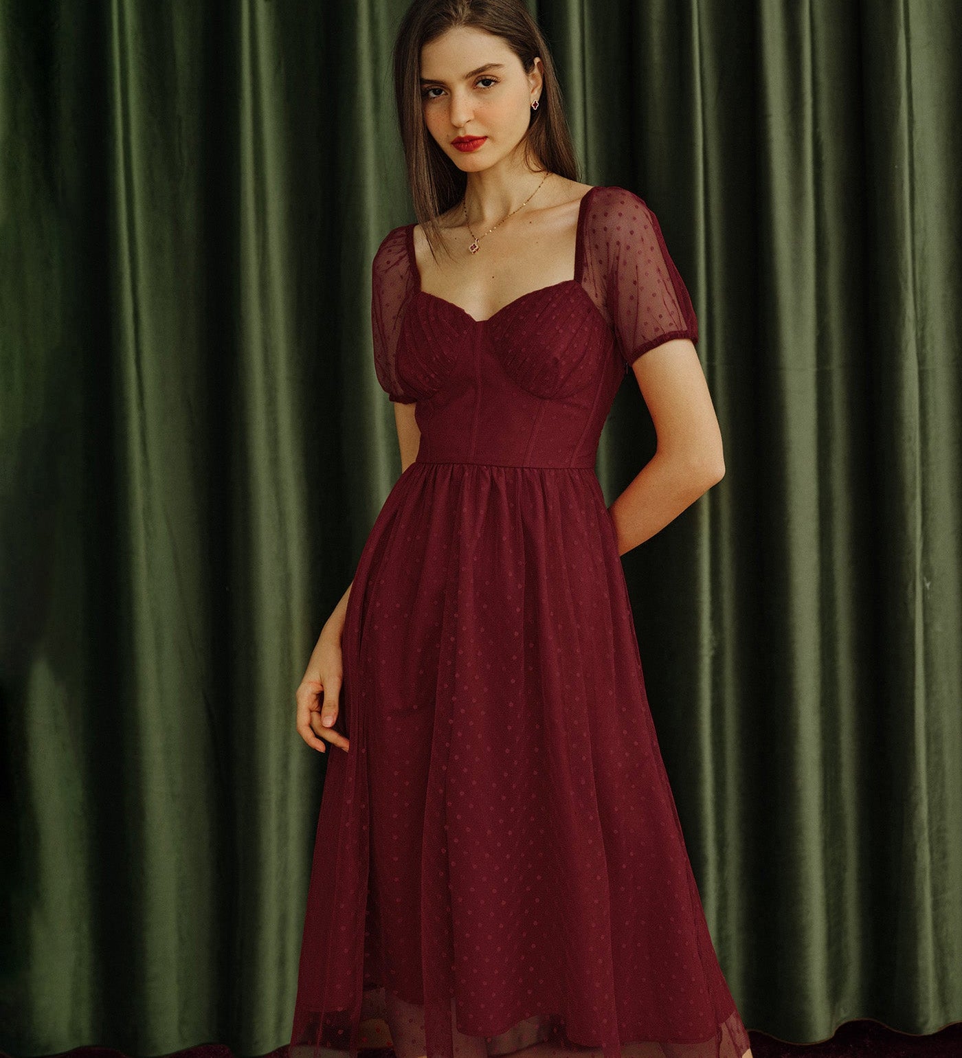 Red Sweetheart Neck Polka Dot Midi Dress
