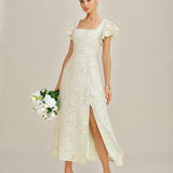 Beige Square Neck Jacquard Midi Dress