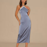 Blue Halter Lace Slip Midi Dress