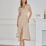 Apricot V Neck Lace Midi Dress