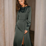Green Satin Cowl Neck Slit Midi Dress
