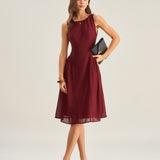 Wine Red Chiffon Sleeveless Midi Dress