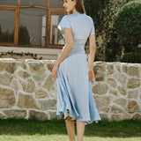 Blue Drop Shoulder Pleated Midi Dress