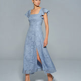 Blue Floral Square Neck Midi Dress
