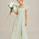 Green Square Neck Floral Textured Midi Dress