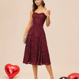 Wine Red Sweetheart Neck Jacquard Slip Midi Dress