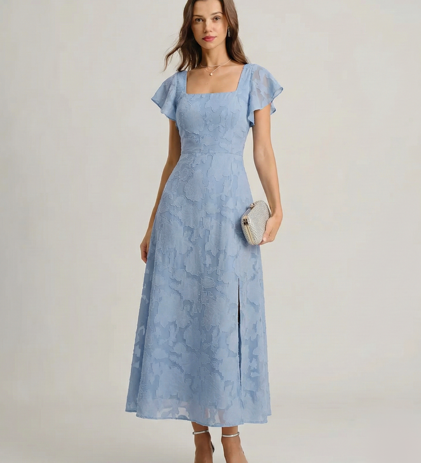 Blue Floral Square Neck Midi Dress