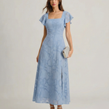 Blue Floral Square Neck Midi Dress
