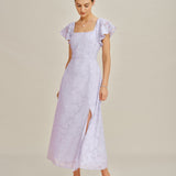 Purple Square Neck Jacquard Midi Dress