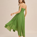 Green Flowy Strapless Midi Dress