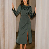 Green Satin Cowl Neck Slit Midi Dress
