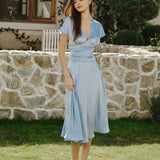 Blue Drop Shoulder Pleated Midi Dress