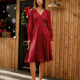 Wine Red Satin V Neck Midi Dress