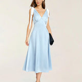 Blue V Neck Cut Out Satin Midi Dress