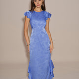 Blue Boat Neck Jacquard Ruffle Midi Dress