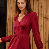 Wine Red Satin V Neck Midi Dress