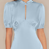 Blue Puffed Sleeve Backless Satin Midi Dress