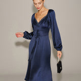 Navy Satin V Neck Ruched Midi Dress