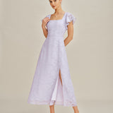 Purple Square Neck Jacquard Midi Dress