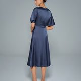 Navy V Neck Satin Midi Dress
