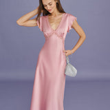 Pink V Neck Lace Satin Midi Dress