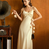 Yellow Flowers Satin Slip Midi Dress