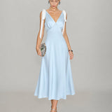 Blue V Neck Cut Out Satin Midi Dress