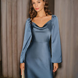Blue Cowl Neck A-Line Midi Dress
