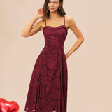 Wine Red Sweetheart Neck Jacquard Slip Midi Dress