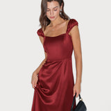 Red Sweetheart Neck Satin Midi Dress