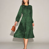 Green Jacquard Lantern Sleeve Midi Dress