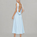 Blue V Neck Cut Out Satin Midi Dress