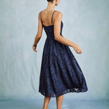 Blue Jacquard A-Line Slip Midi Dress