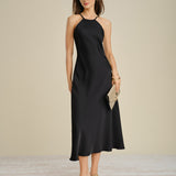 Black Halter Tie Satin Midi Dress