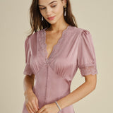 Pink Lace Splicing Satin Midi Dress