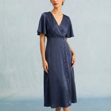 Navy V Neck Satin Midi Dress