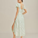 Green Square Neck Floral Textured Midi Dress