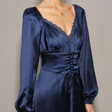Navy Satin V Neck Ruched Midi Dress