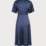 Navy V Neck Satin Midi Dress