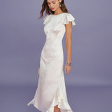 Beige Boat Neck Jacquard Ruffle Midi Dress