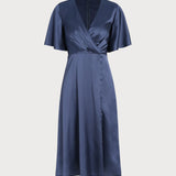 Navy V Neck Satin Midi Dress