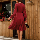 Wine Red Satin V Neck Midi Dress