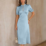 Blue Puffed Sleeve Backless Satin Midi Dress